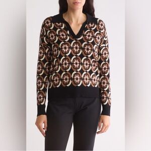 T Tahari Black Brown Pink Polo V-Neck Sweater